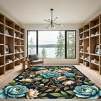 Rich Teal Cream Floral Botanical Wreath Rug