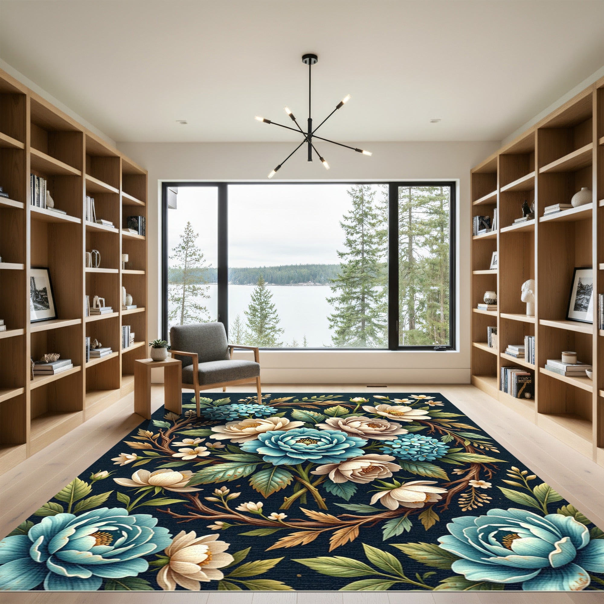 Rich Teal Cream Floral Botanical Wreath Rug