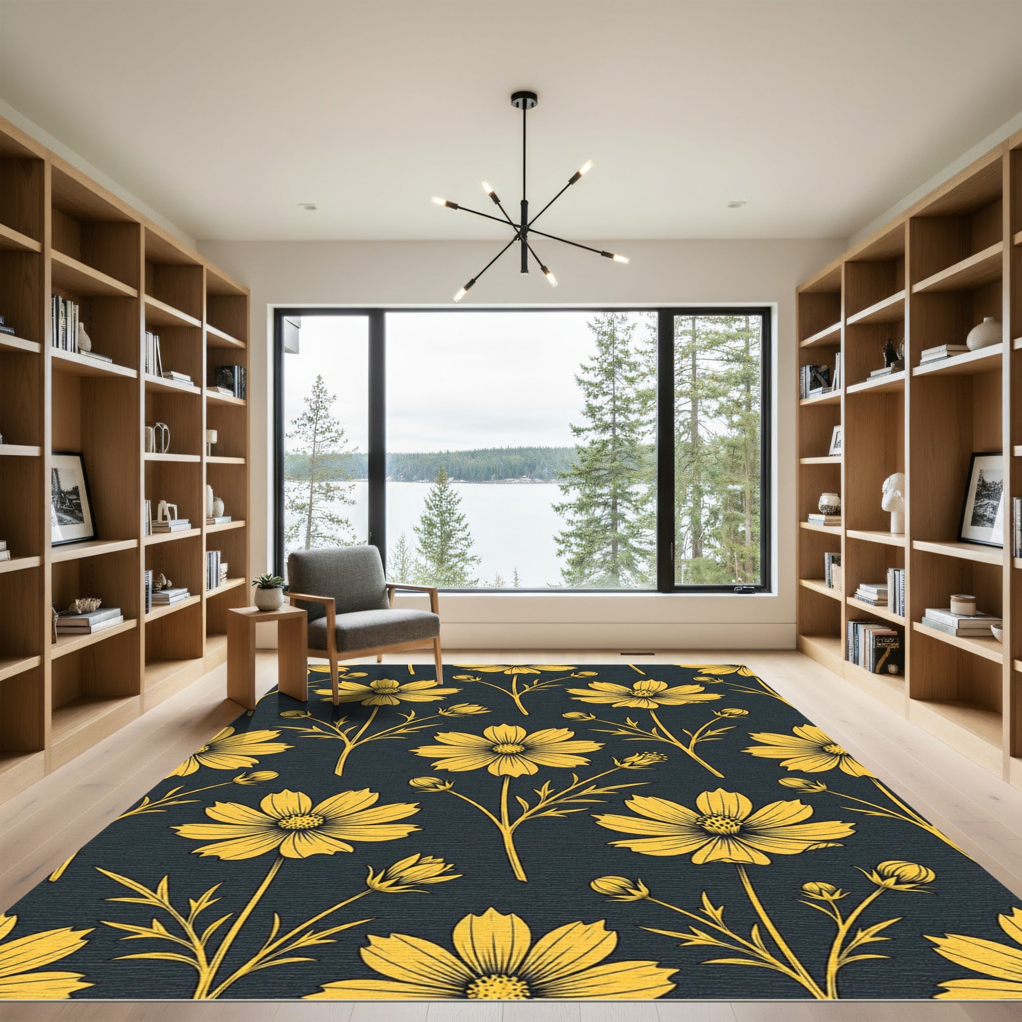 Golden Yellow Cosmos Floral Wallpaper Rug