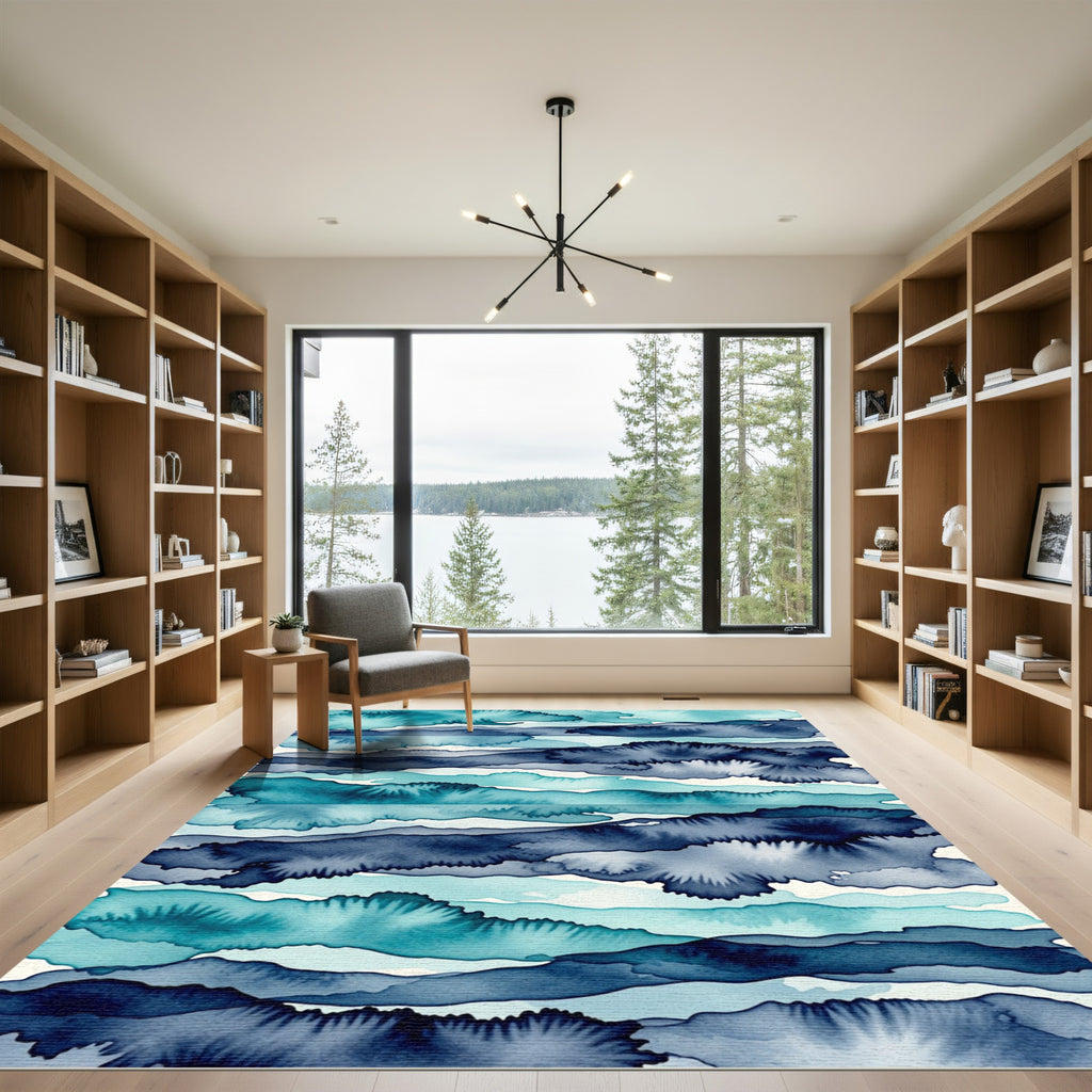 Abstract Indigo and Teal Watercolor Waves Rug