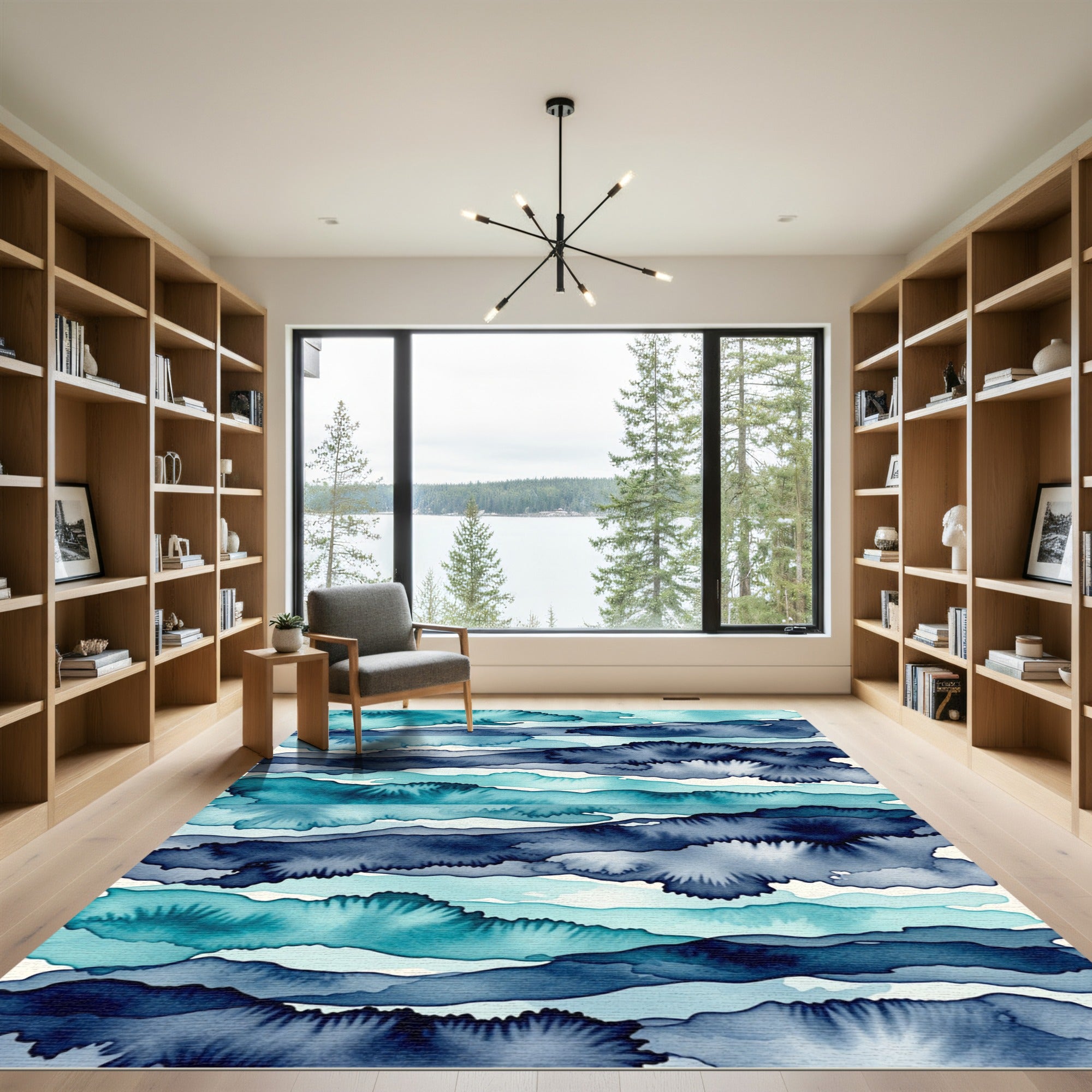 Abstract Indigo and Teal Watercolor Waves Rug