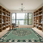 Sage Green Paw Print Floral Medallion Rug