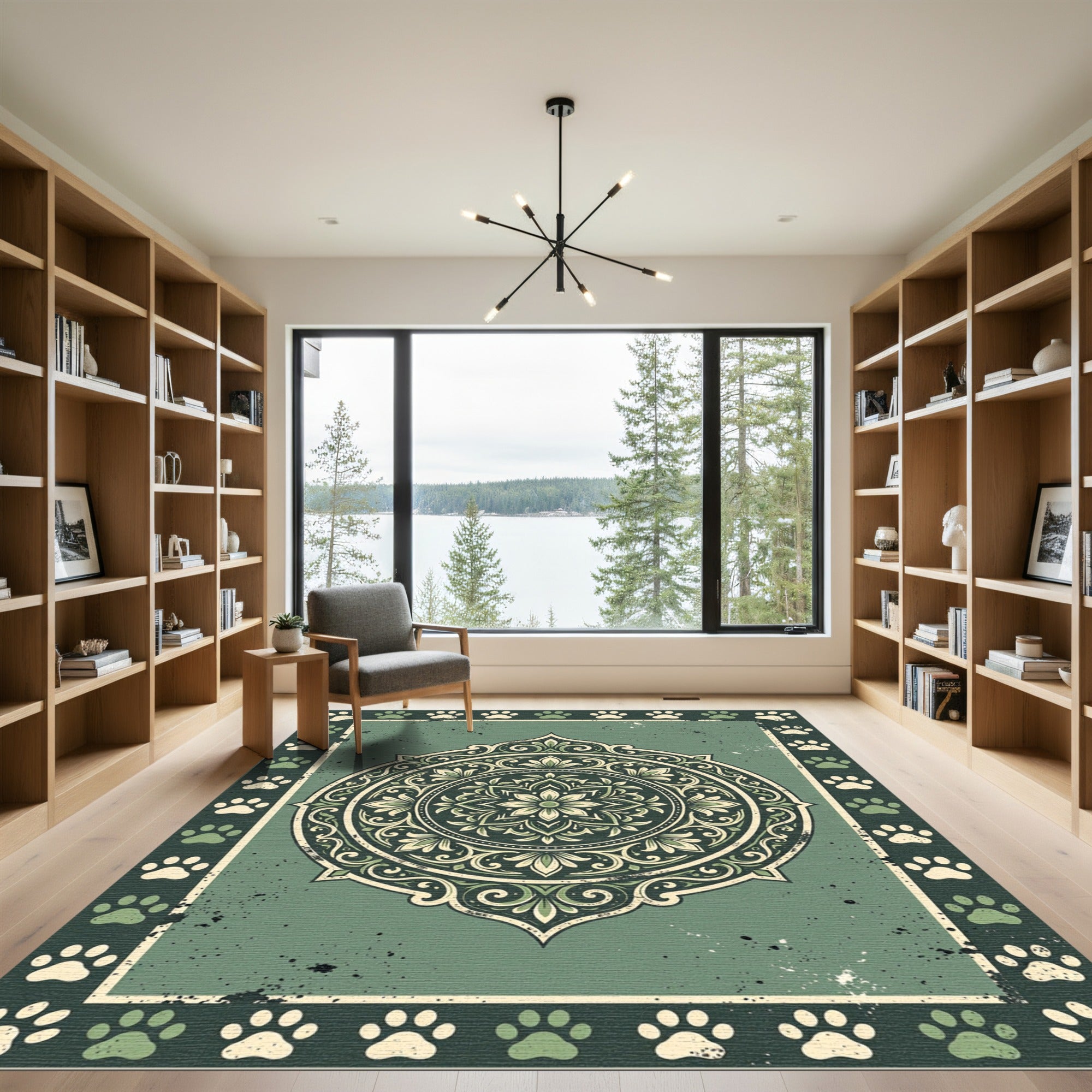 Sage Green Paw Print Floral Medallion Rug