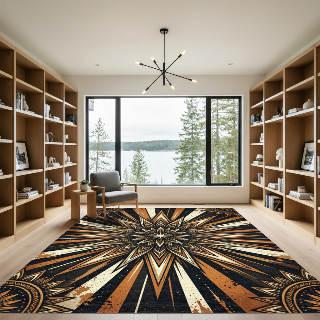 Abstract Celestial Starburst Golden Bronze Rug