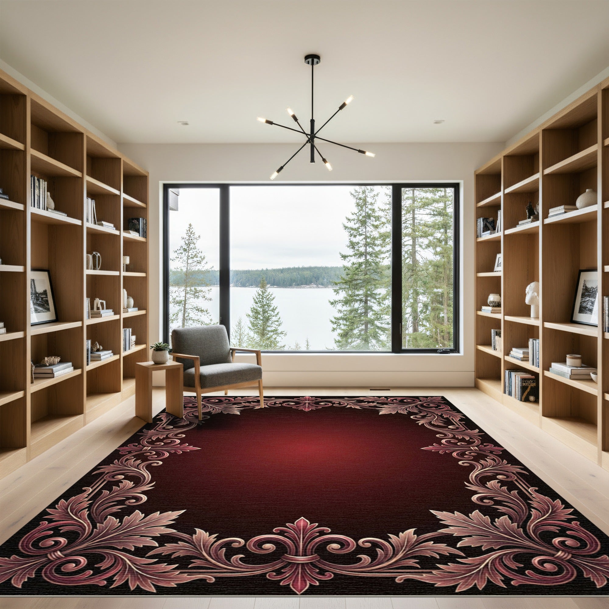 Rich Burgundy Floral Ornate Frame Rug