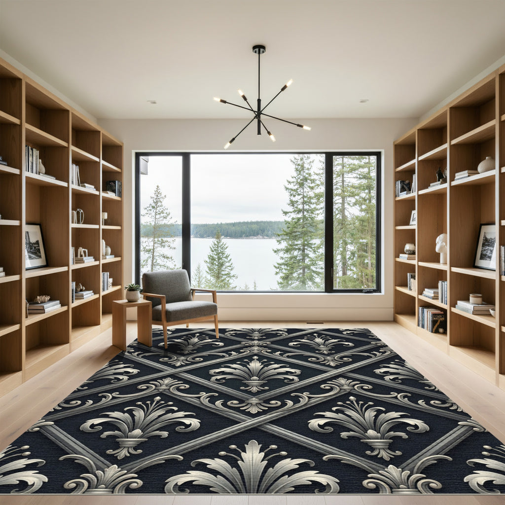 Ornate Silver Quatrefoil Lattice Rug