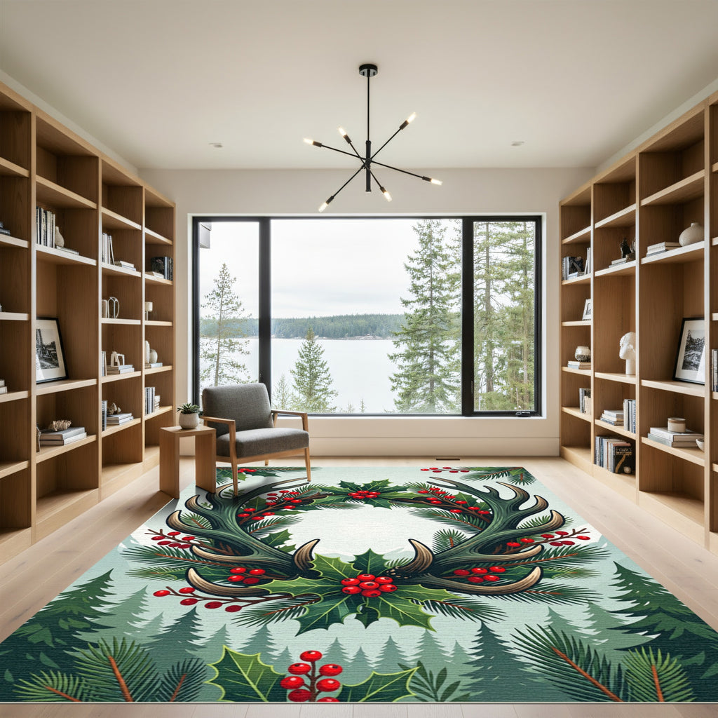 Rustic Antler and Holly Botanical Wreath Rug