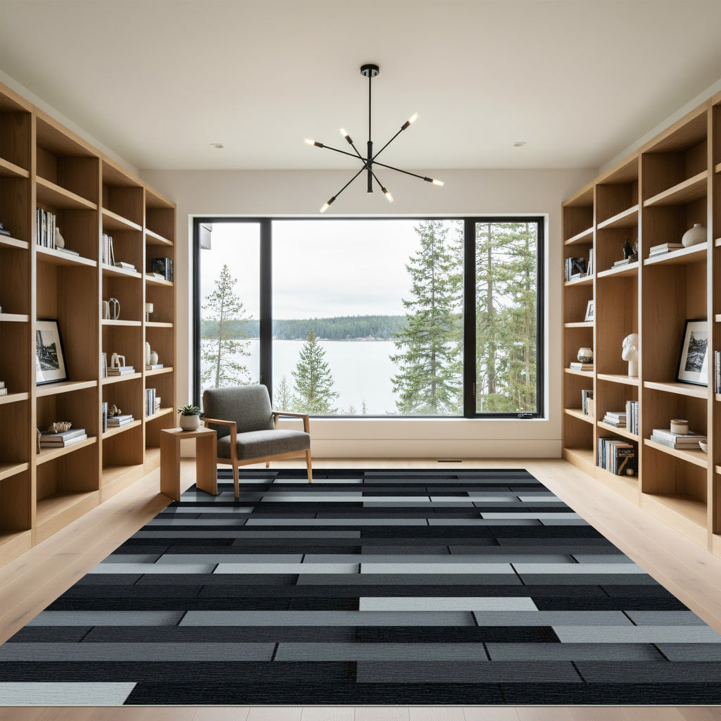 Modern Charcoal Gray Layered Block Rug