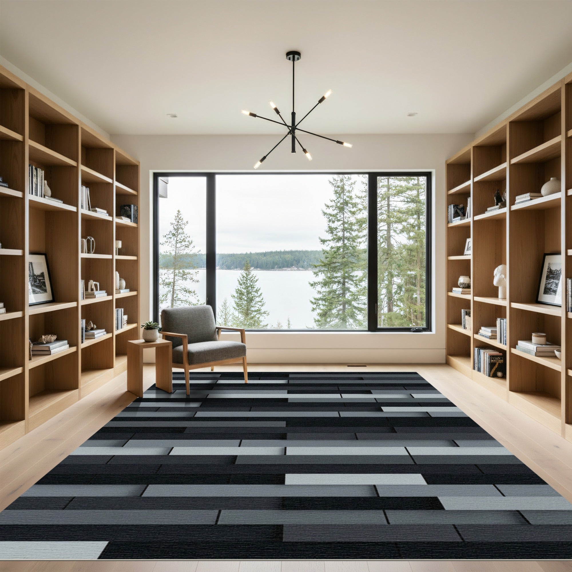Modern Charcoal Gray Layered Block Rug