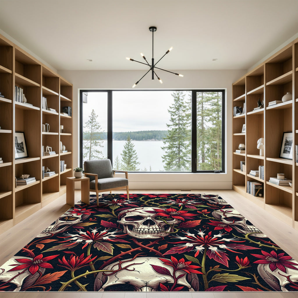 Gothic Skull and Crimson Floral Vine Rug