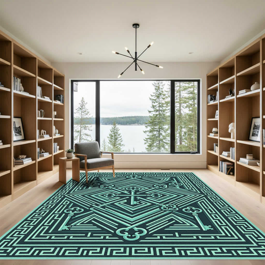 Turquoise Vintage Keys Maze Composition Rug