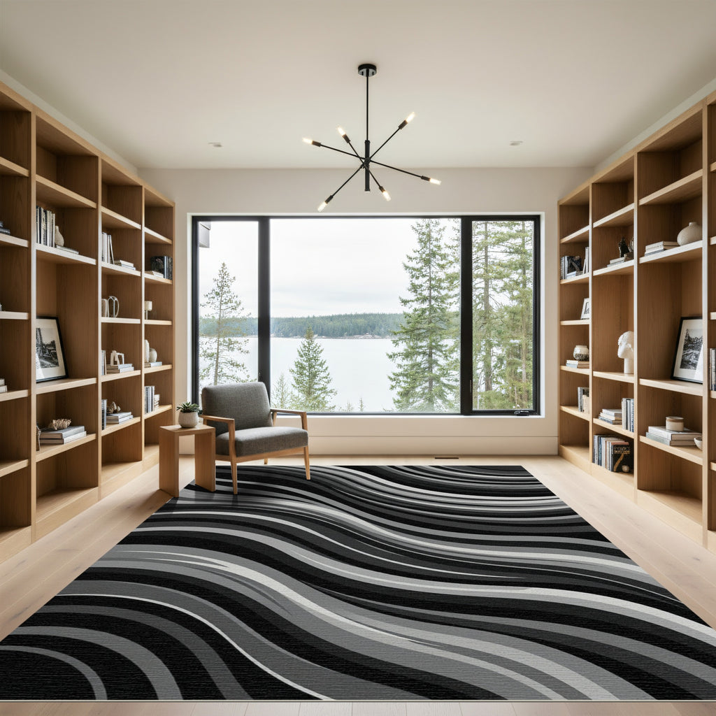 Monochromatic Grayscale Wavy Lines Rug