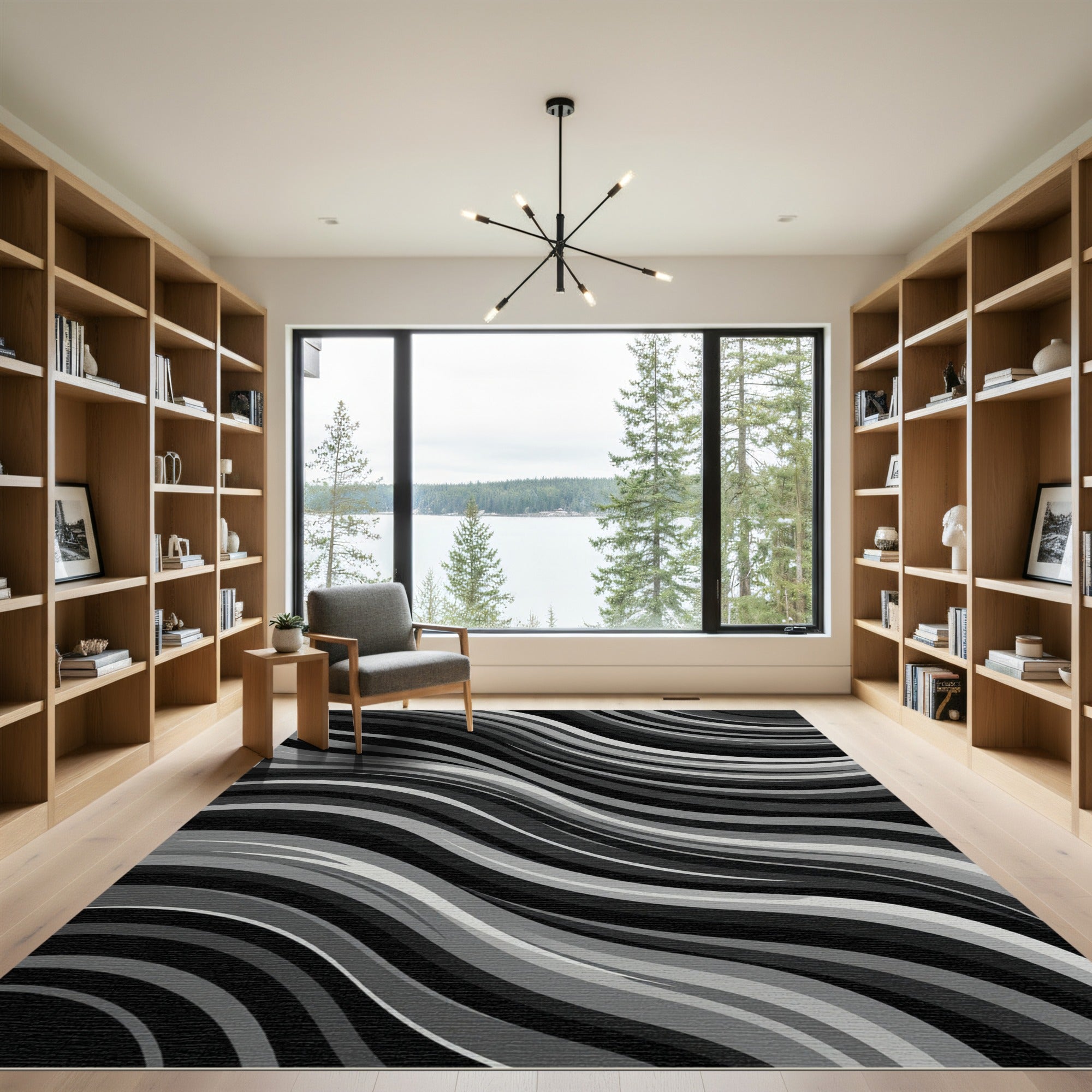Monochromatic Grayscale Wavy Lines Rug