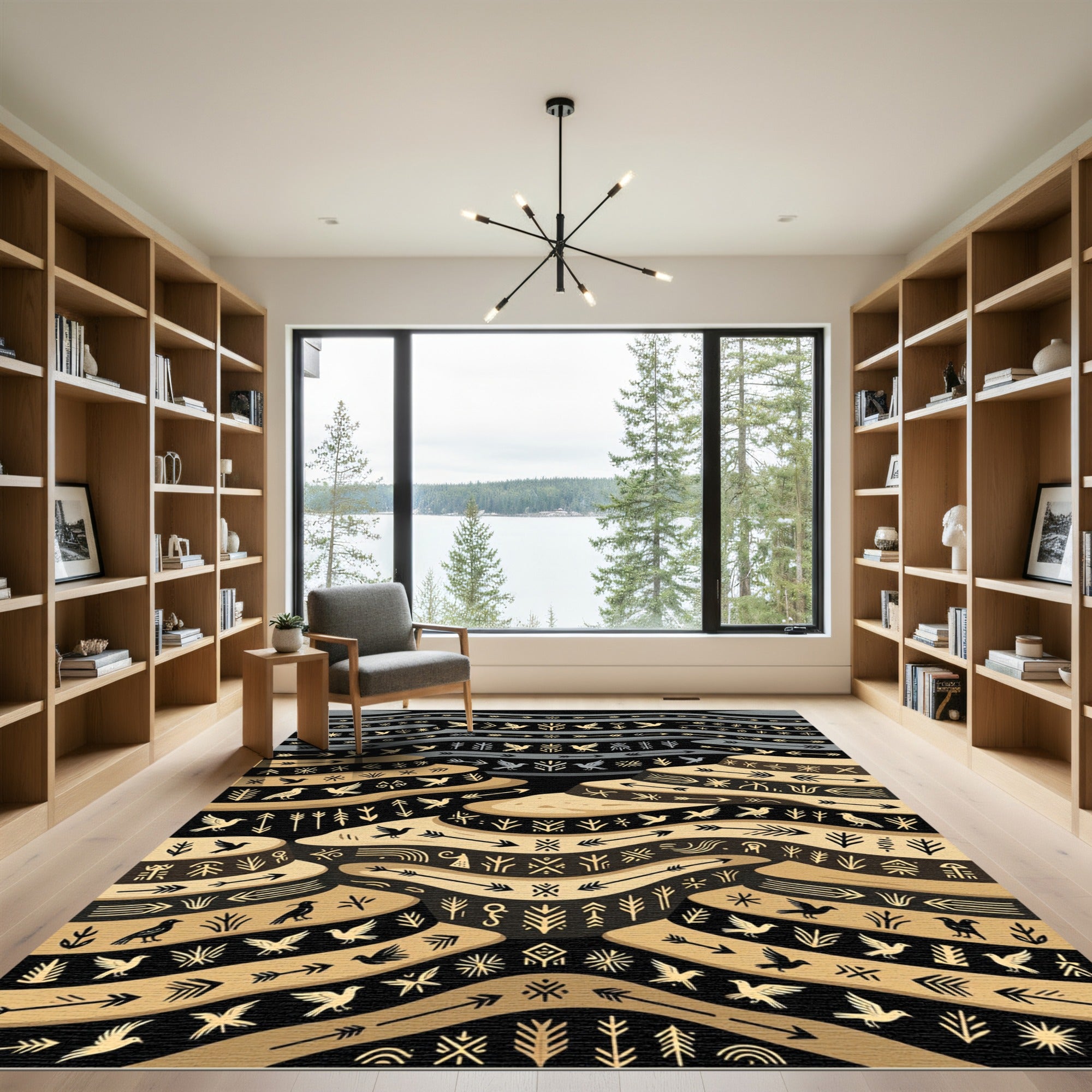 Tribal Golden Bird Arrow Composition Rug