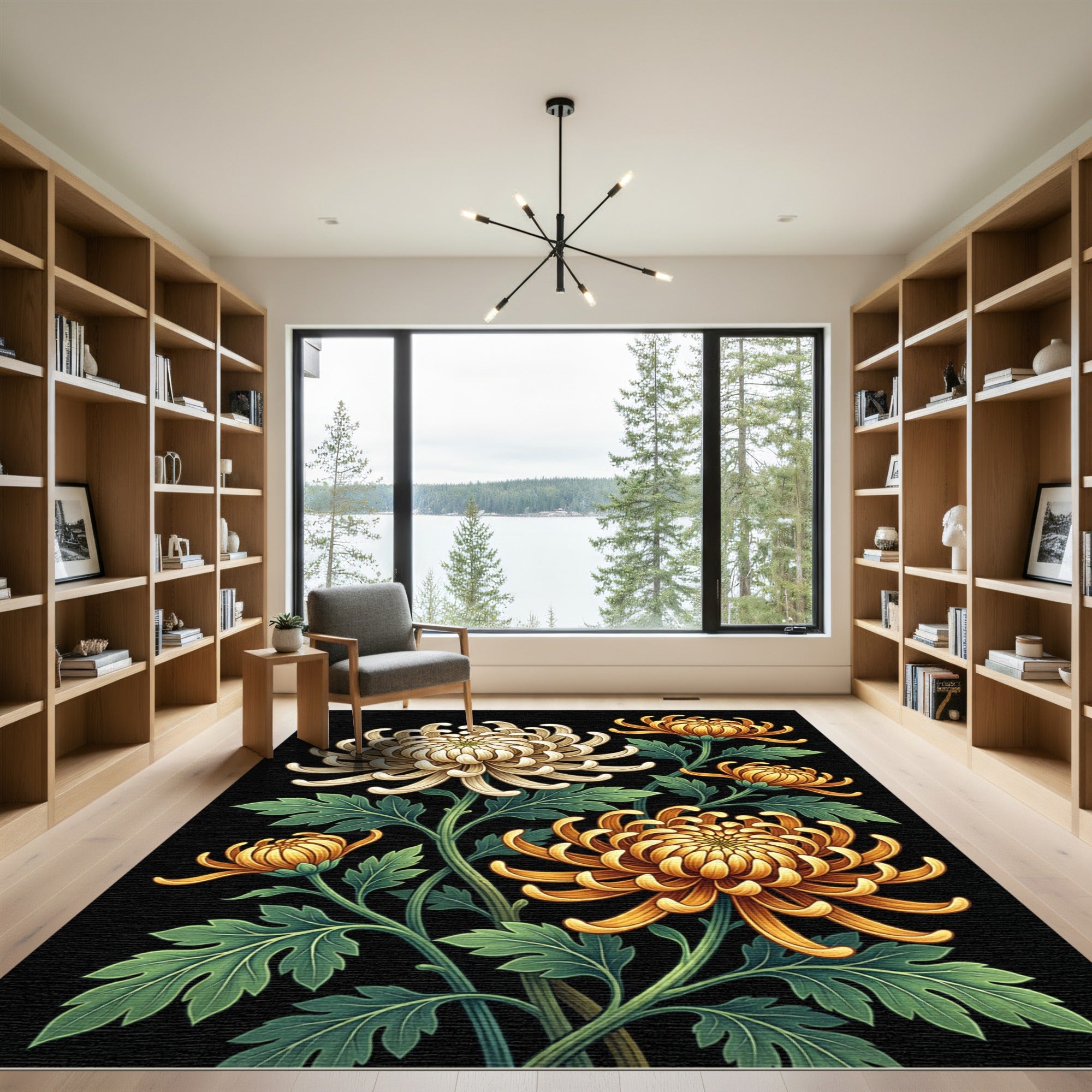 Golden Chrysanthemum Floral Black Botanical Rug