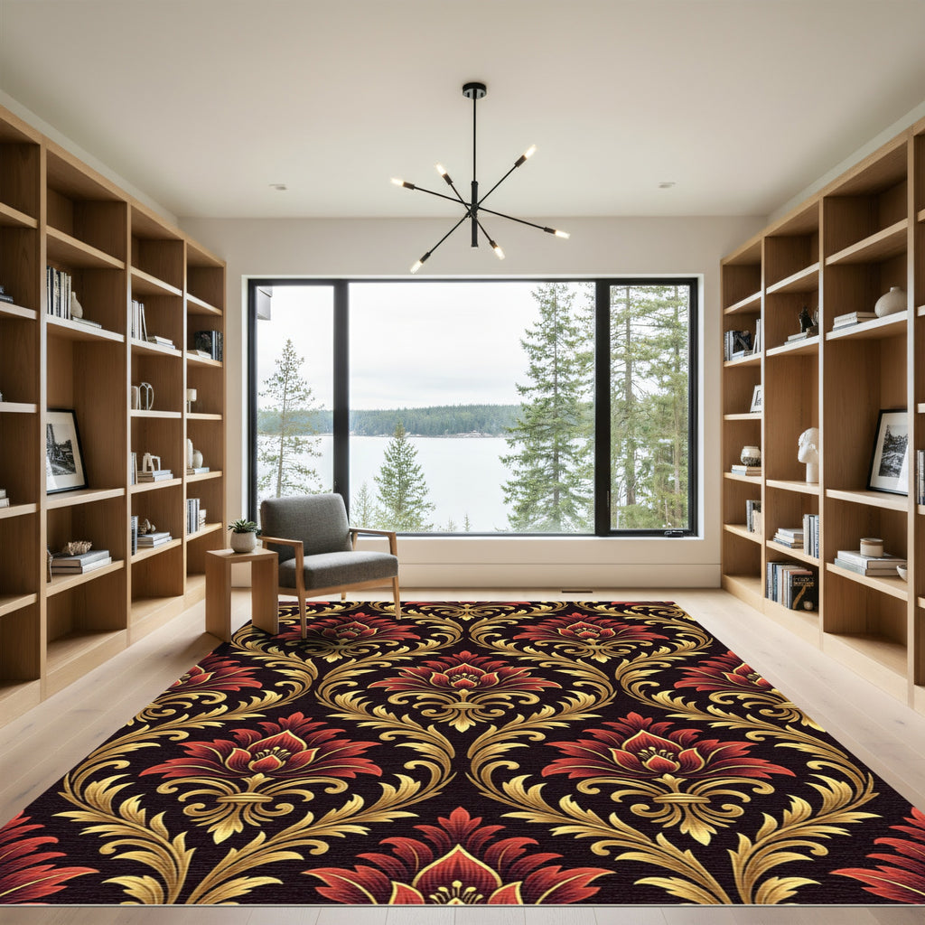 Regal Burgundy Golden Damask Floral Rug