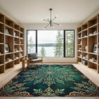 Elegant Teal Gold Floral Mandala Rug