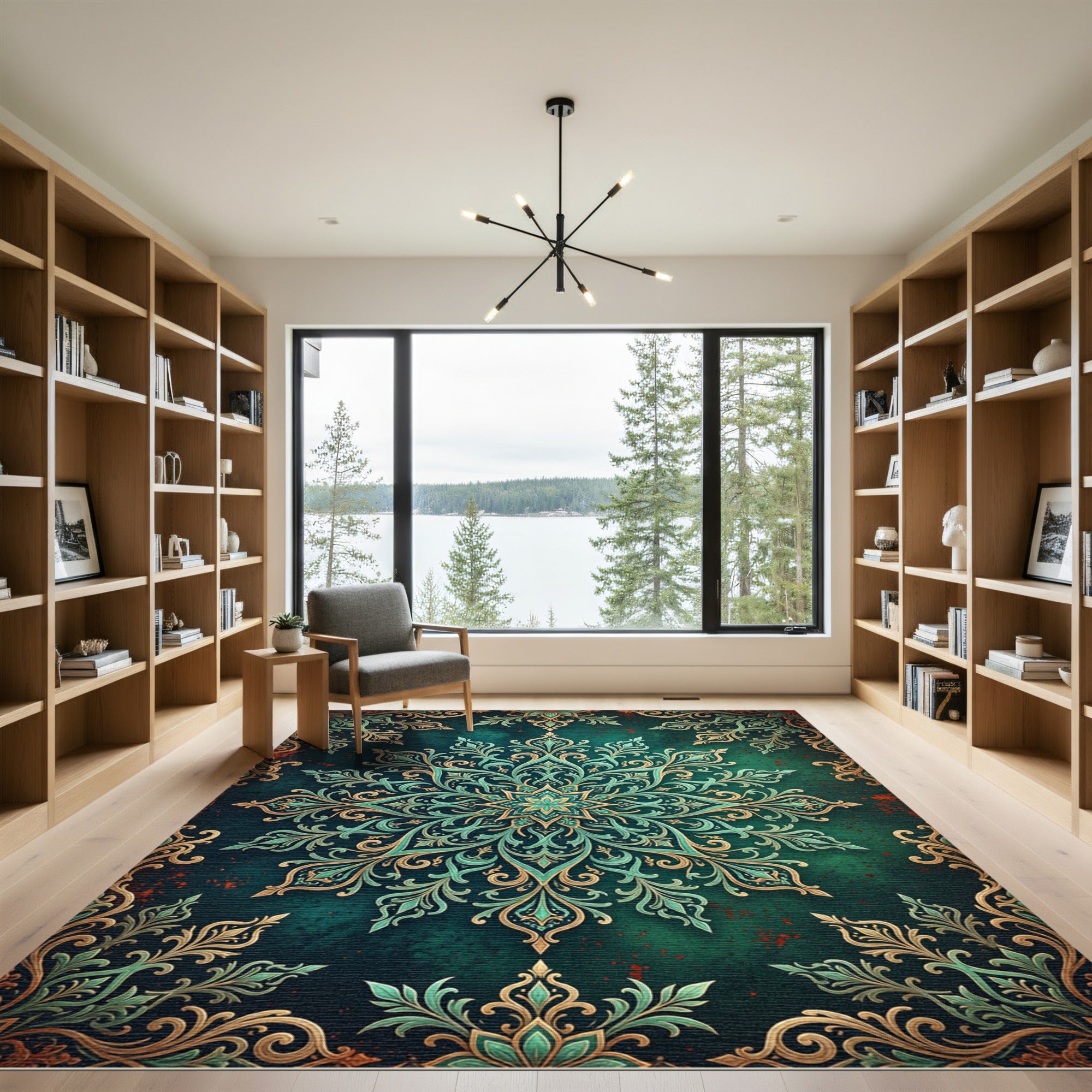 Elegant Teal Gold Floral Mandala Rug
