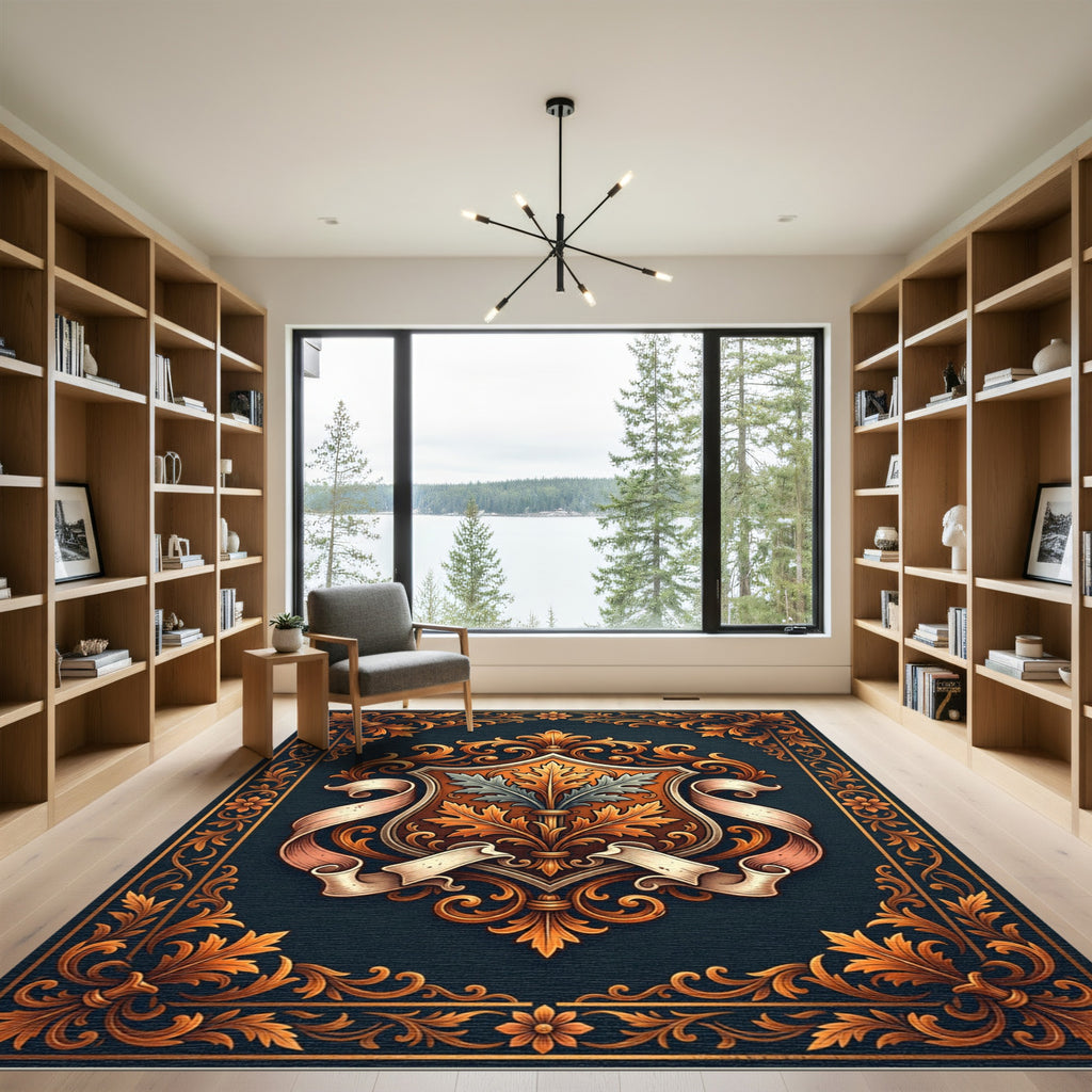 Ornate Gold Laurel Crest Background Rug