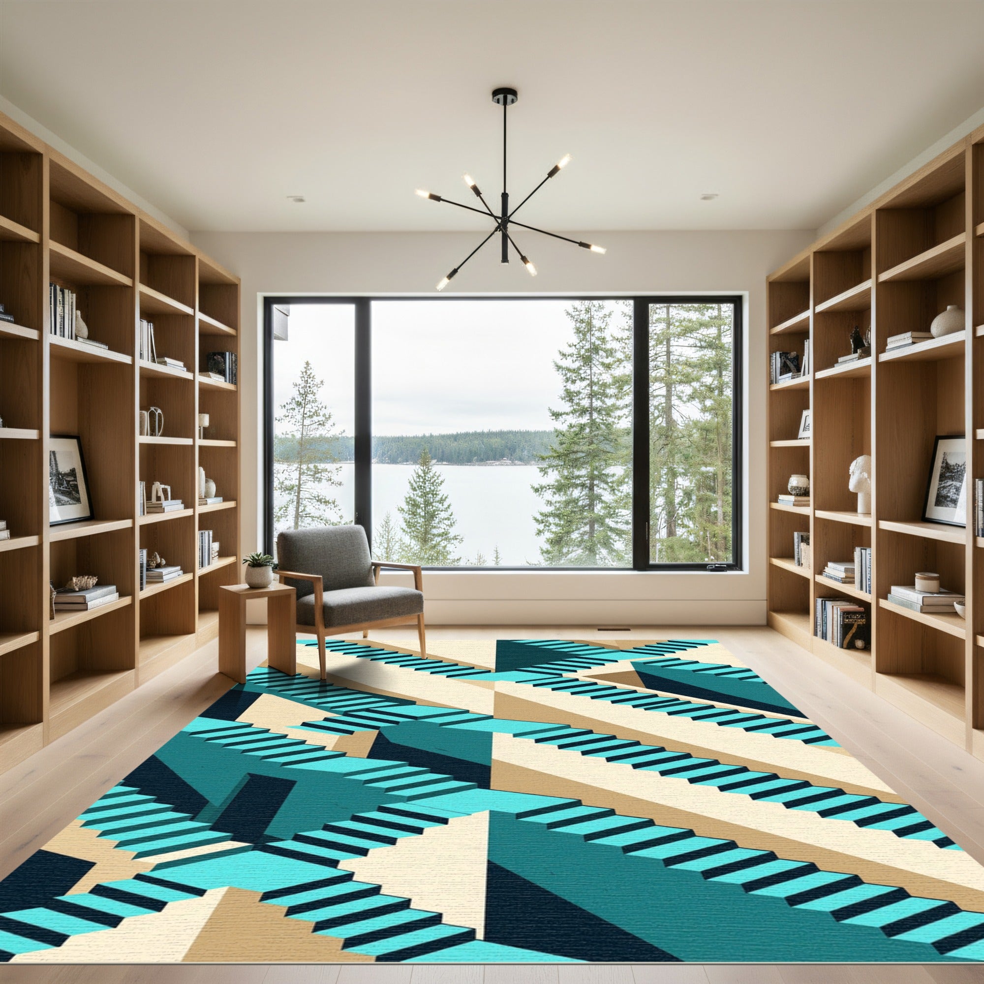 Geometric Teal Escher Staircase Illusion Rug