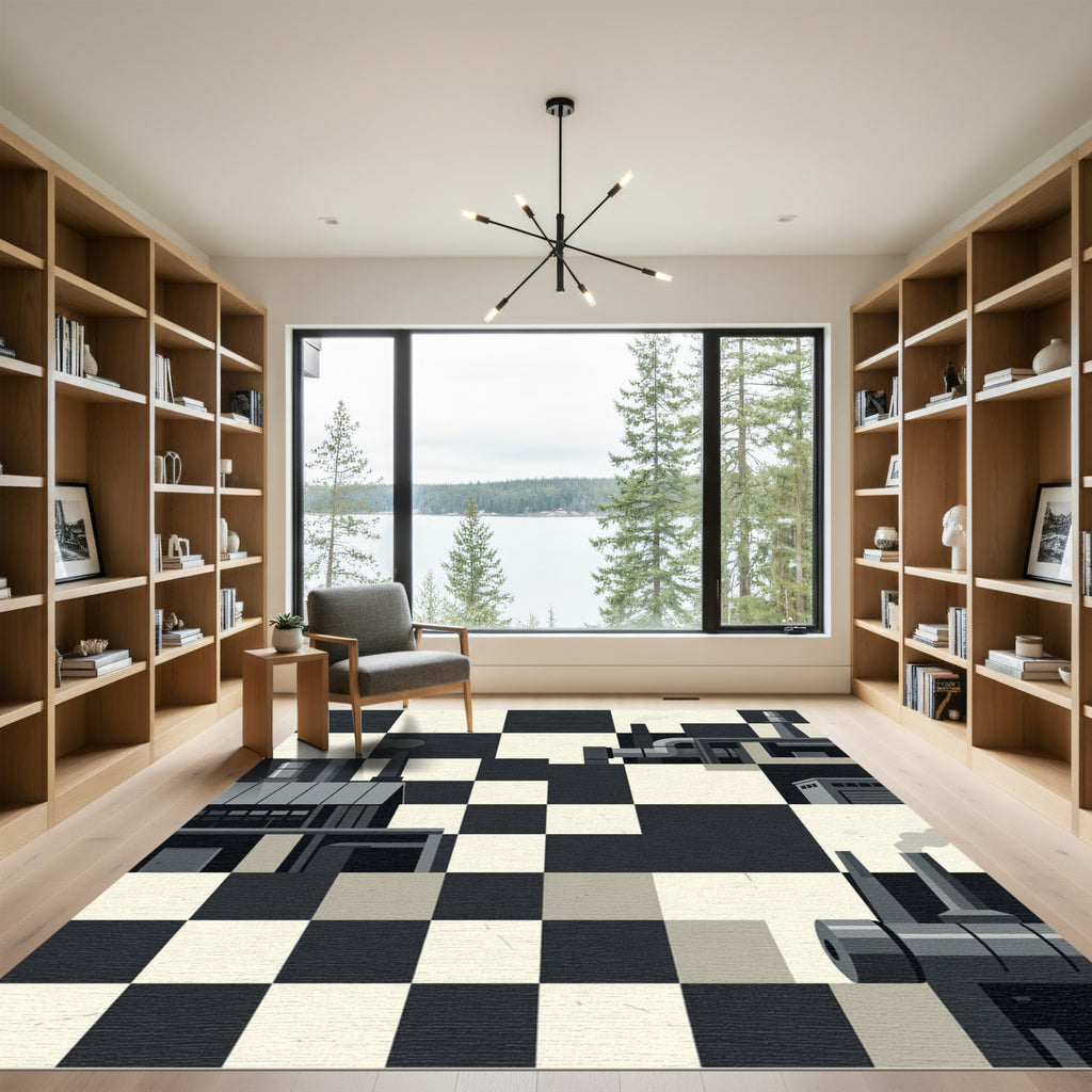 Monochrome Industrial Chessboard Composition Rug