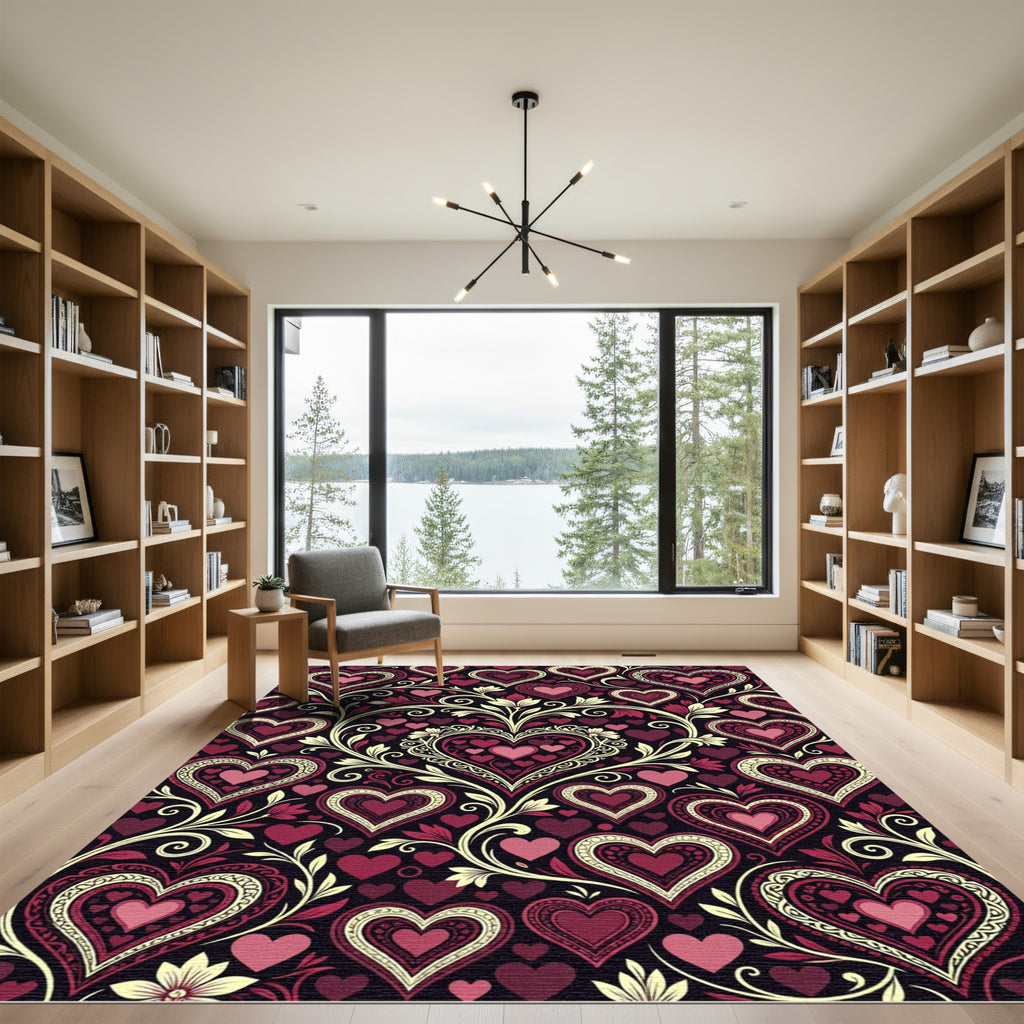 Ornate Crimson Heart Floral Swirl Rug