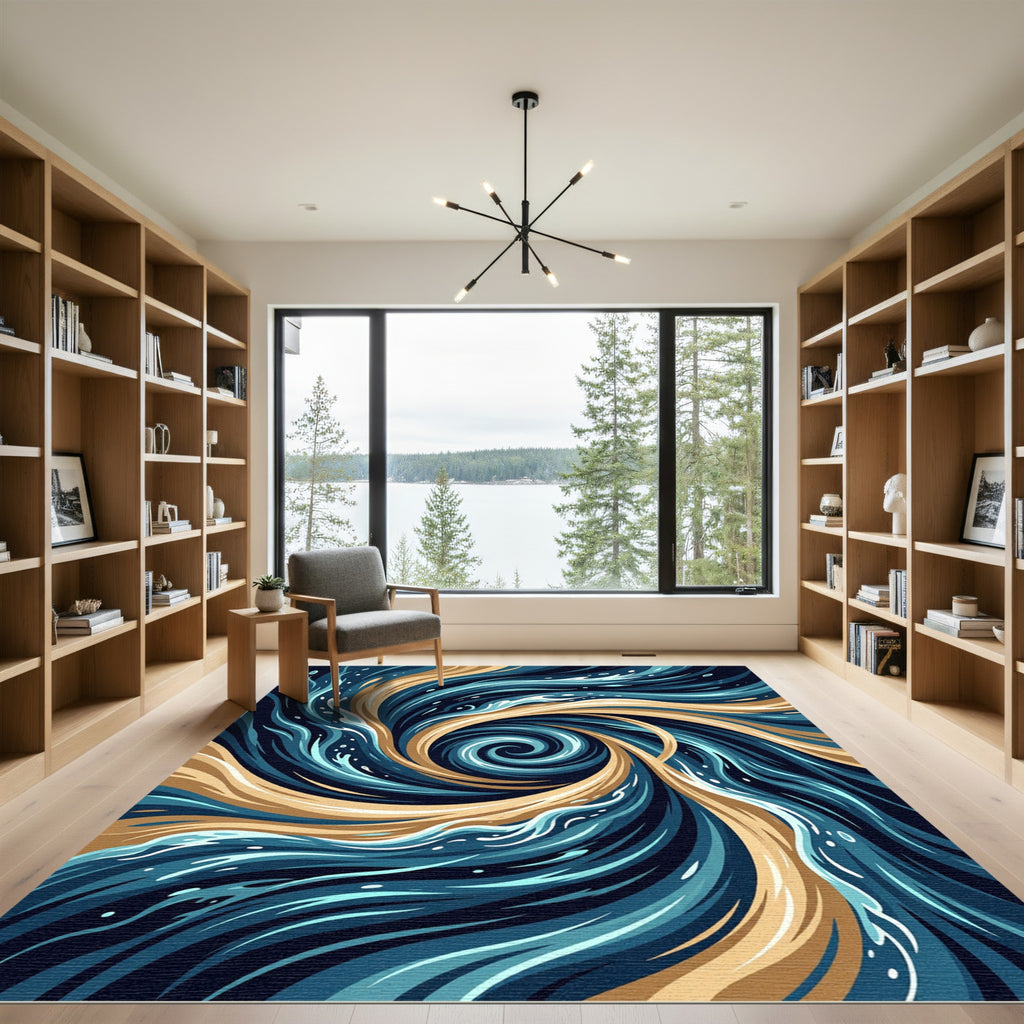 Abstract Golden Swirl Ocean Wave Rug