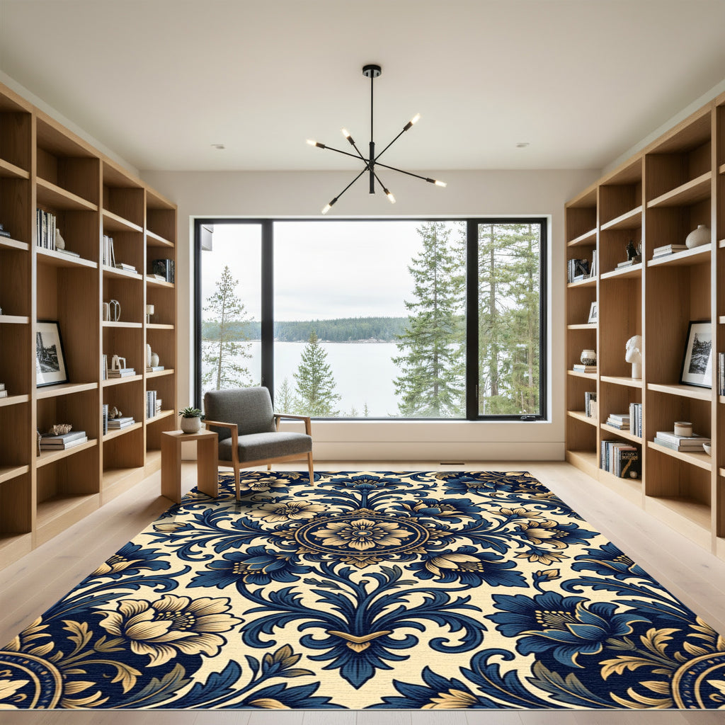 Elegant Blue Gold Floral Damask Rug