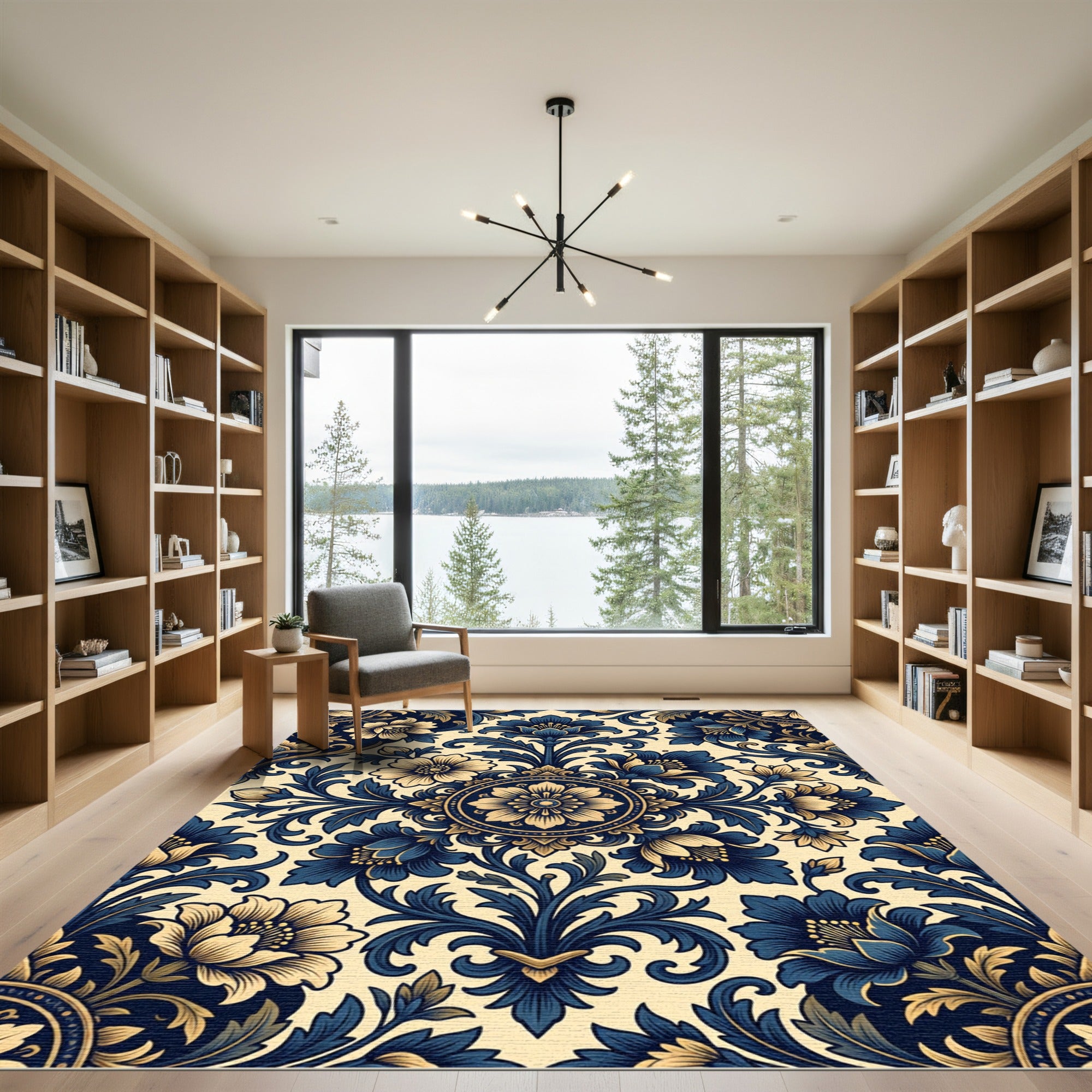 Elegant Blue Gold Floral Damask Rug