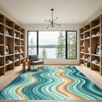 Coastal Teal and Sand Wavy Lines Rug
