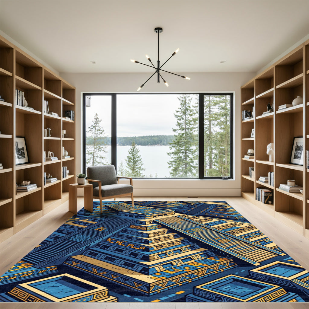 Golden Aztec Pyramid Geometric Indigo Tile Rug