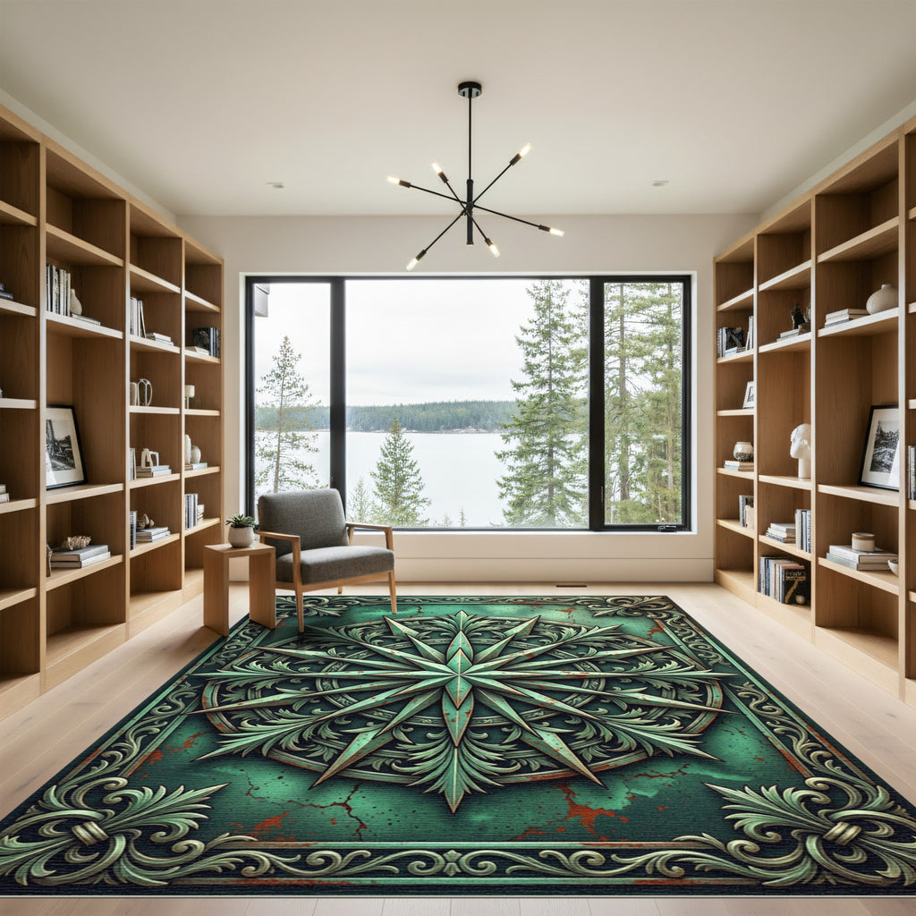Patinated Teal Compass Star Ornament Rug