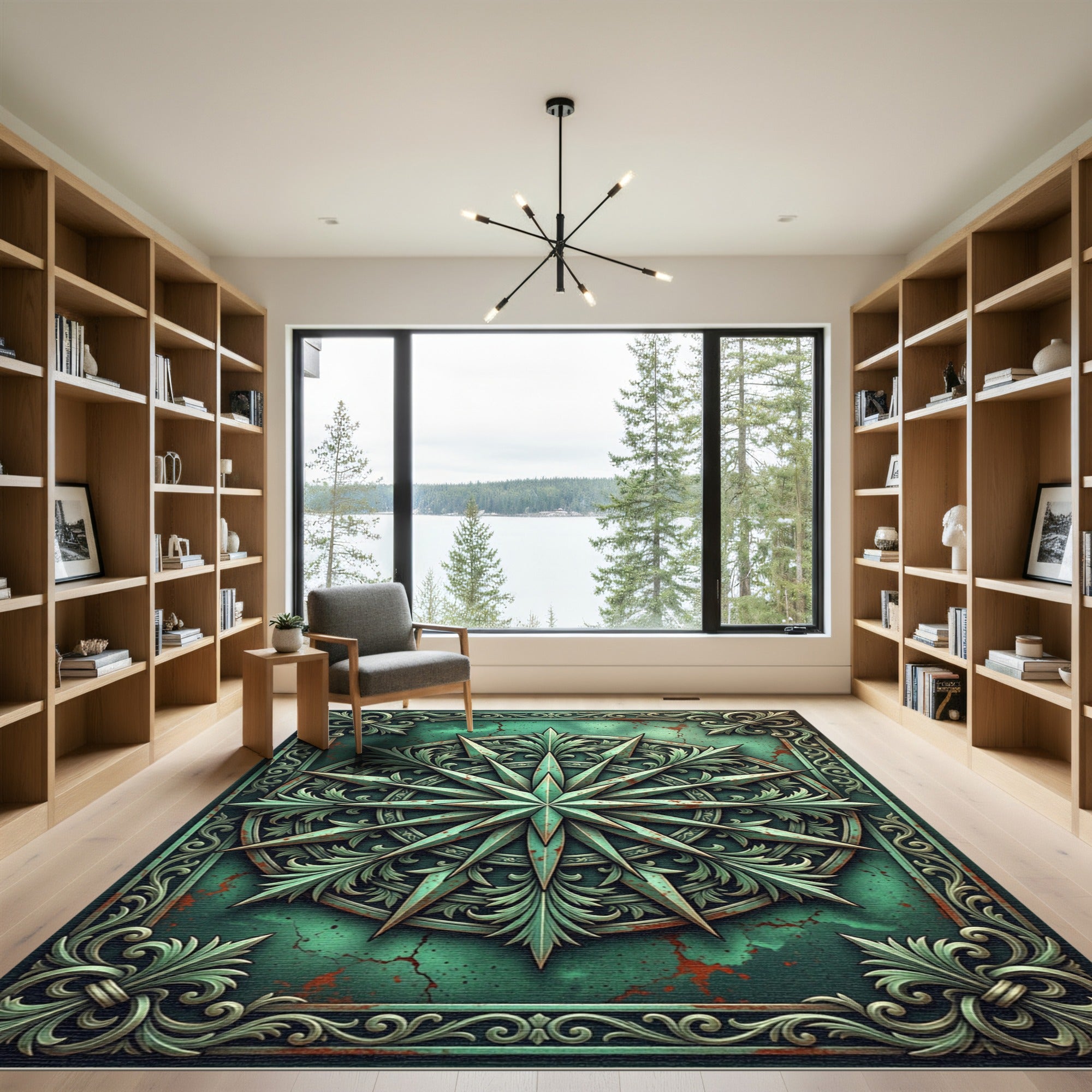 Patinated Teal Compass Star Ornament Rug