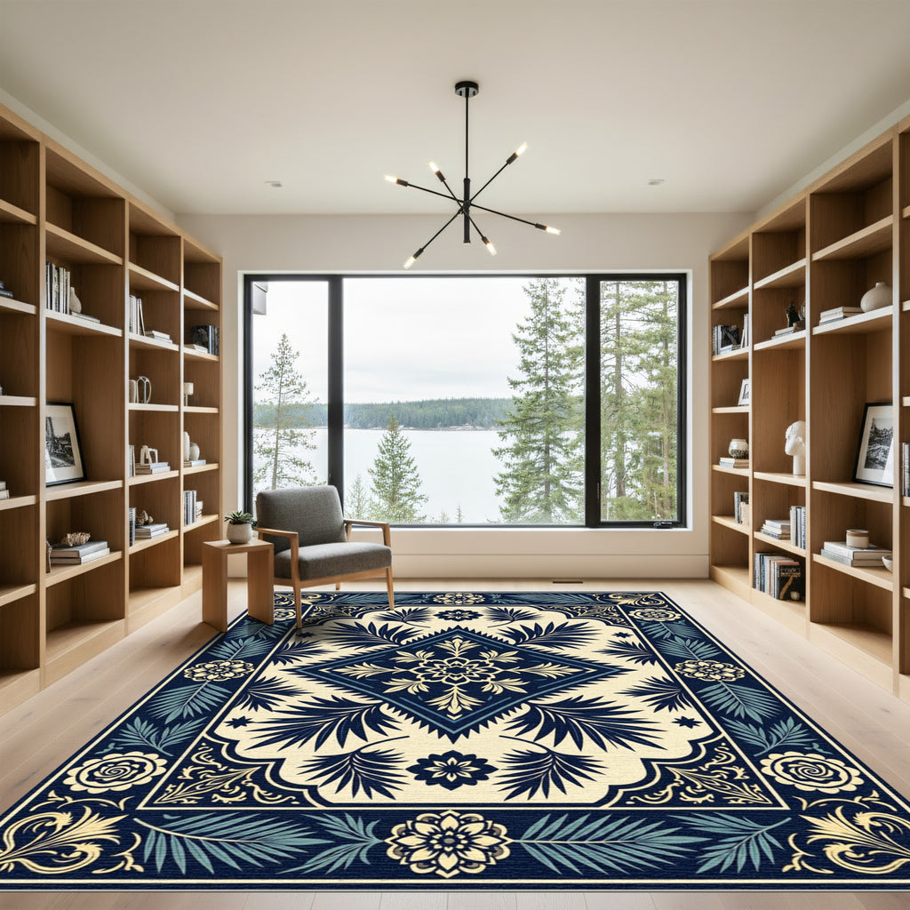 Dark Blue Cream Floral Laurel Border Rug