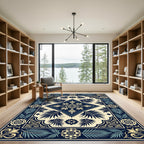 Dark Blue Cream Floral Laurel Border Rug