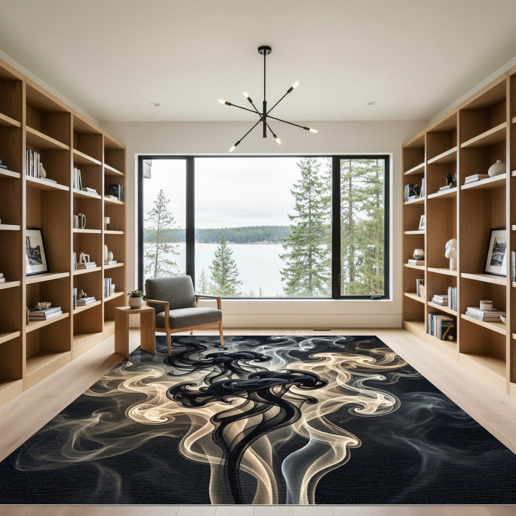 Ethereal Black and Gold Smoke Swirl Rug