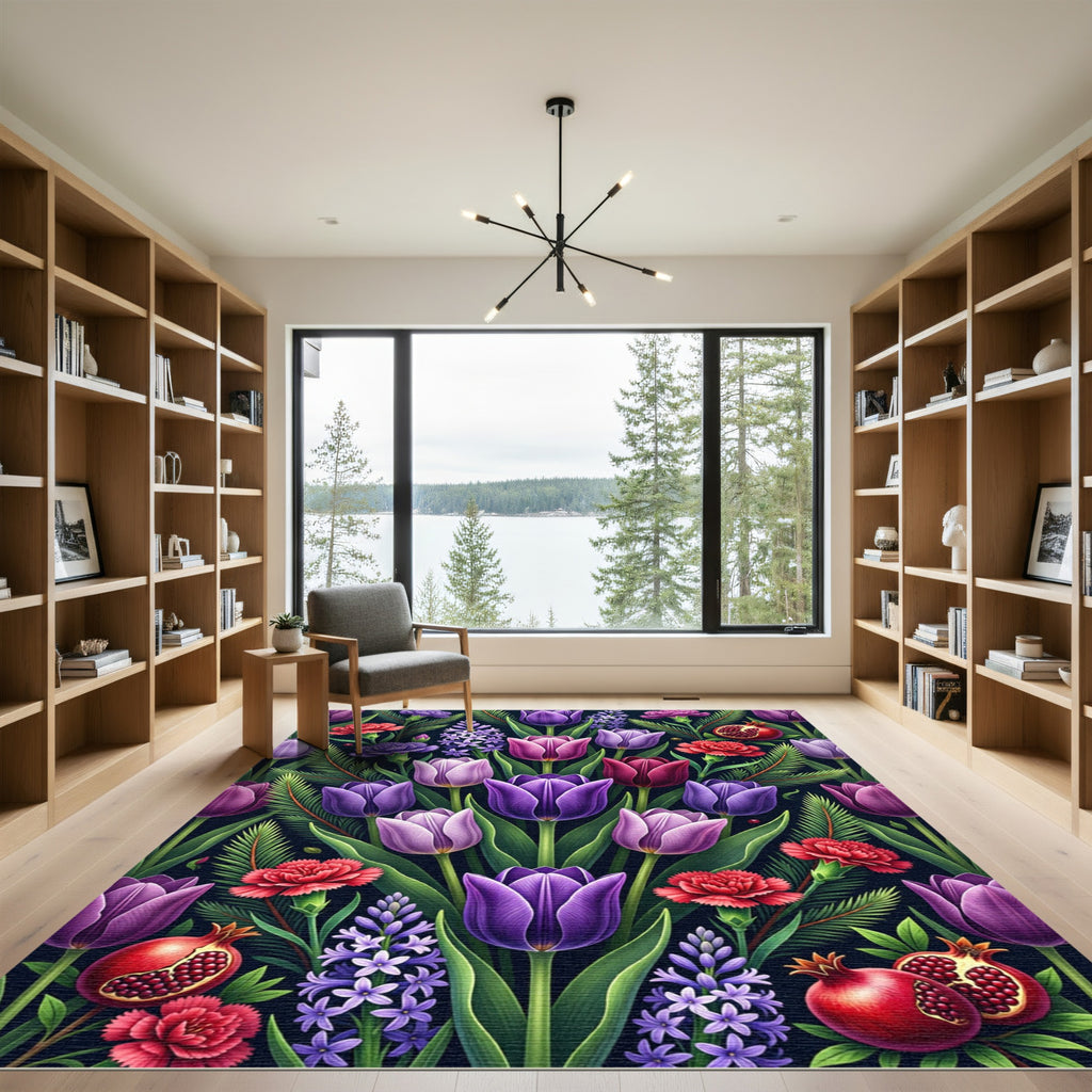 Vibrant Purple Tulip Pomegranate Floral Arrangement Rug