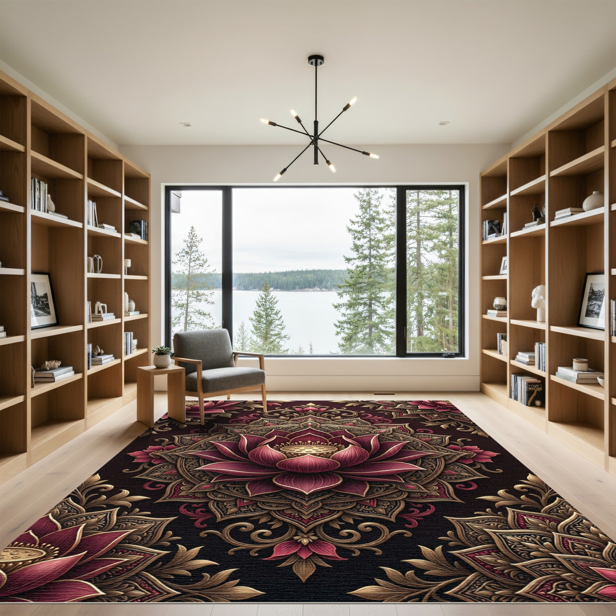 Rich Burgundy Golden Lotus Mandala Rug