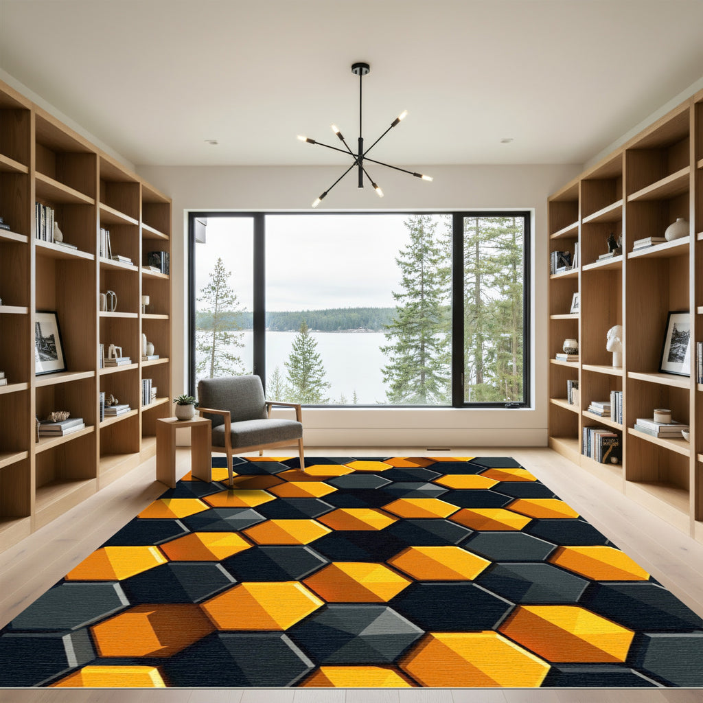 Bold Black and Amber Geometric Hexagon Rug