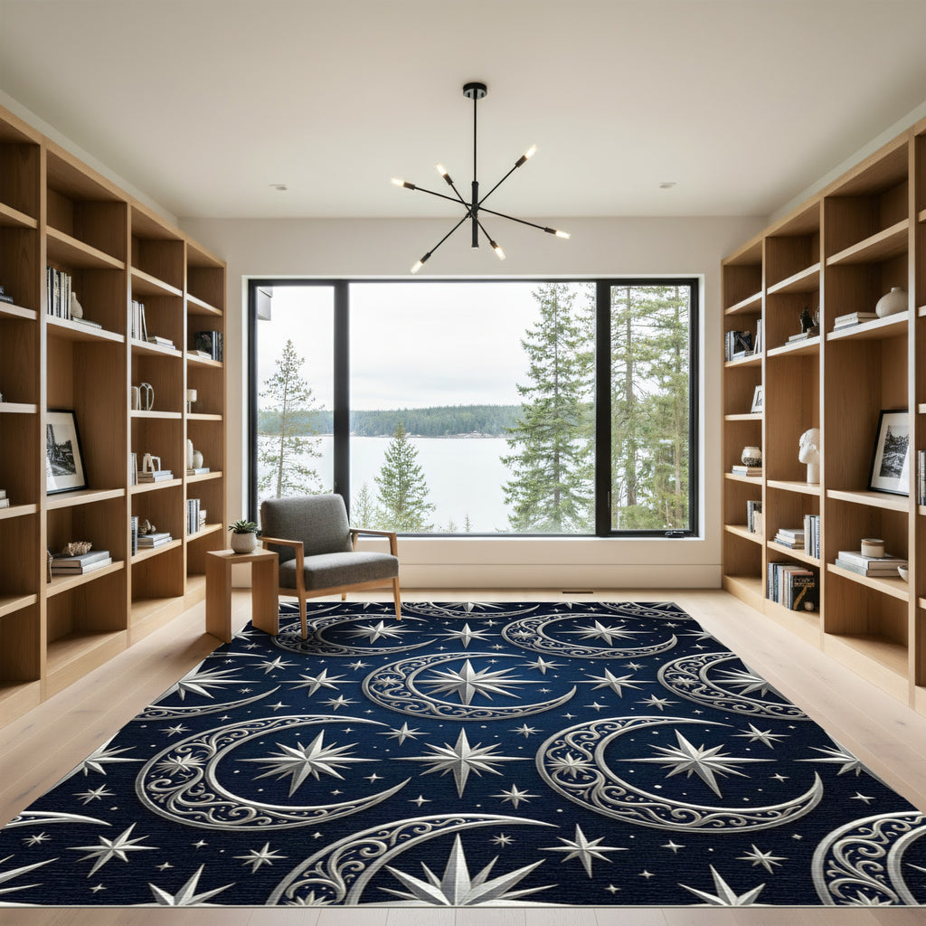 Celestial Silver Moon and Star Navy Rug