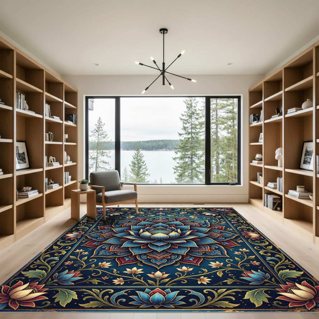 Intricate Indigo Lotus Floret Medallion Rug
