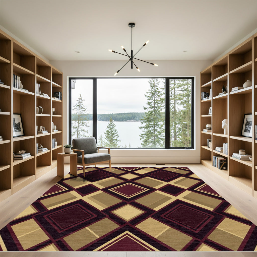 Elegant Maroon and Gold Argyle Geometry Rug