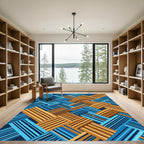 Geometric Blue and Gold Interwoven Lines Rug