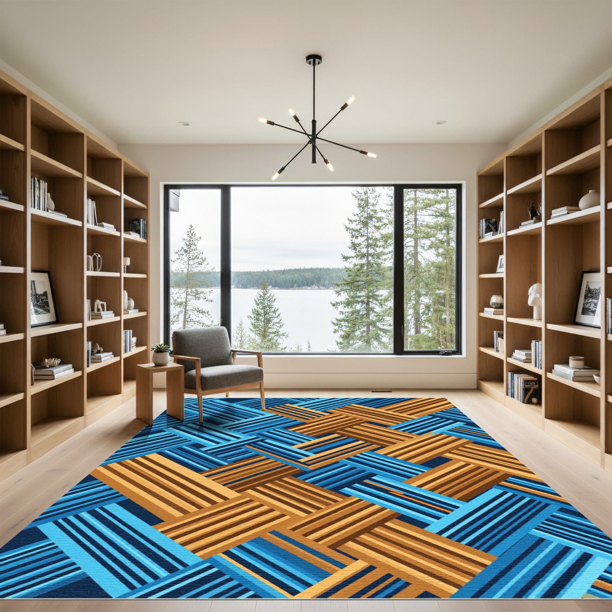 Geometric Blue and Gold Interwoven Lines Rug