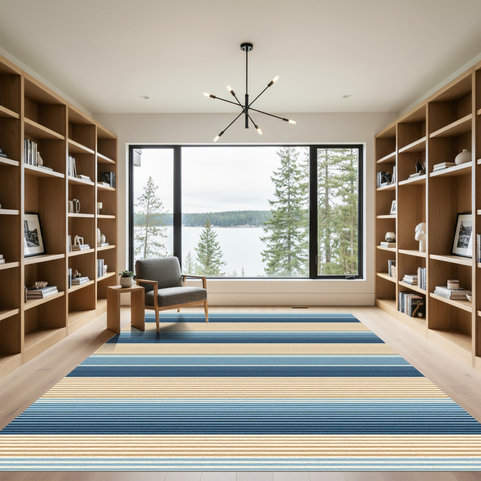 Coastal Blue and Tan Linear Stripe Rug