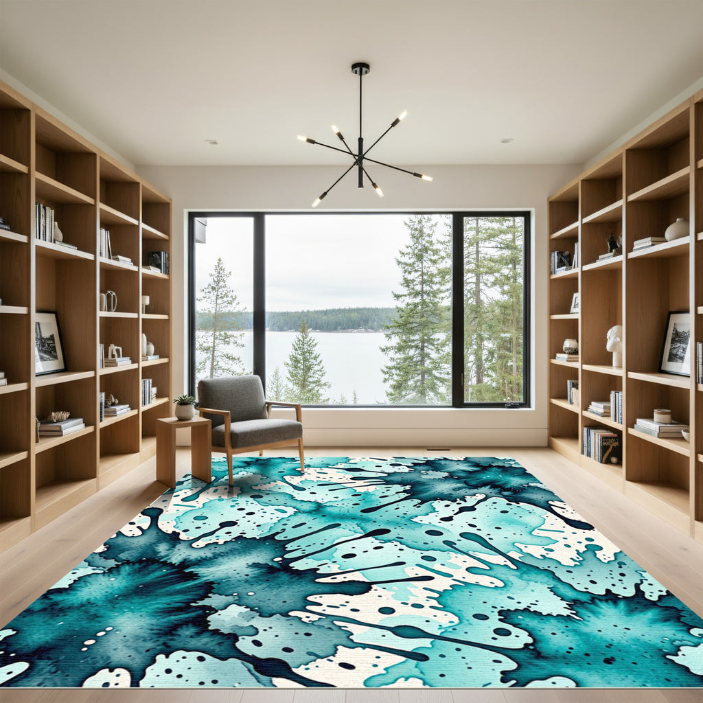 Teal Liquid Ink Abstract Splash Rug