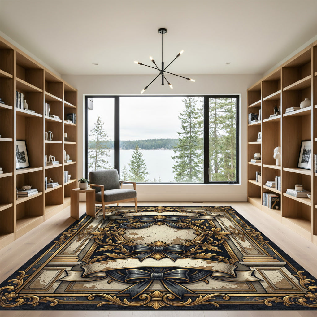 Ornate Gold Black Ribbon Baroque Frame Rug