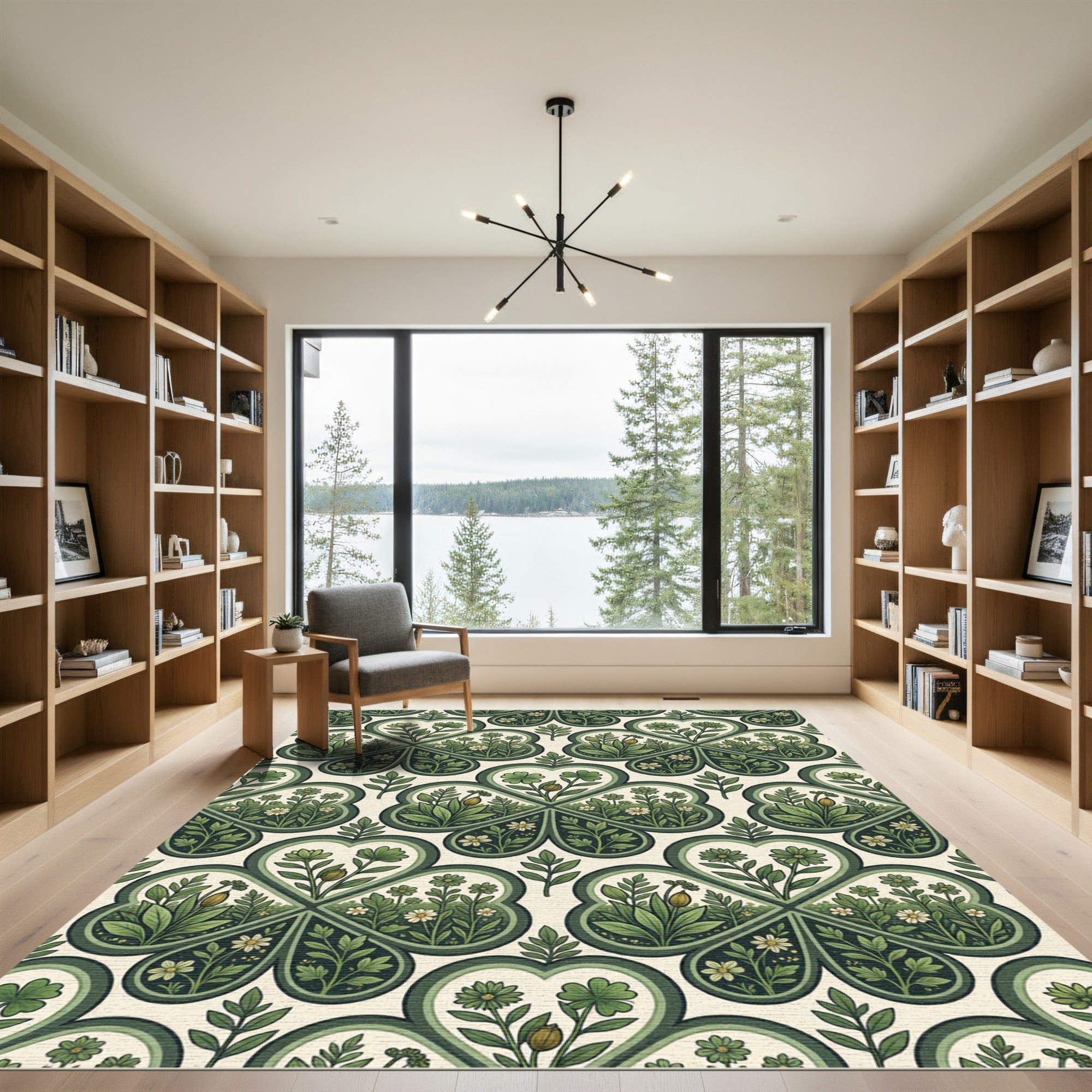 Sage Green Clover Floral Folk Art Rug