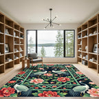 Chinoiserie Crane Peony Bamboo Lattice Dark Rug