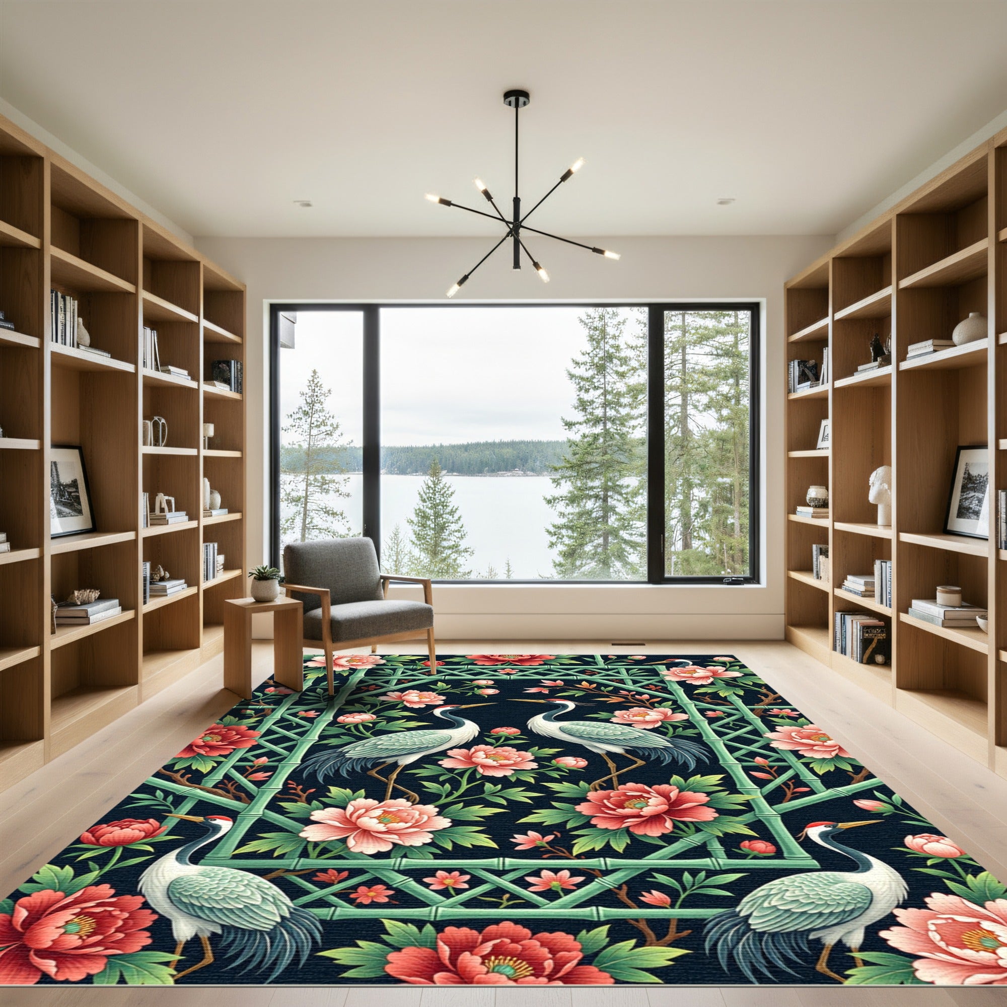 Chinoiserie Crane Peony Bamboo Lattice Dark Rug